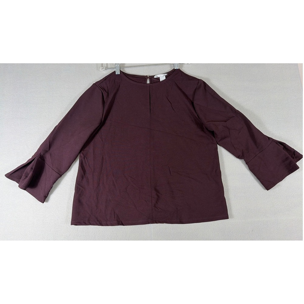 H&M Women Burgundy Bell Sleeve Blouse Split Cuff Keyhole Back Top Size M